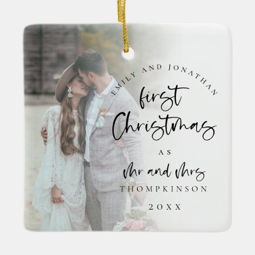 First Married Christmas Photo Names Year Script Ceramic Ornament