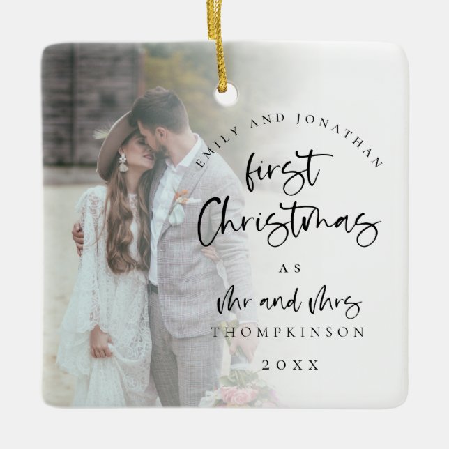 First Married Christmas Photo Names Year Script Ceramic Ornament (Front)