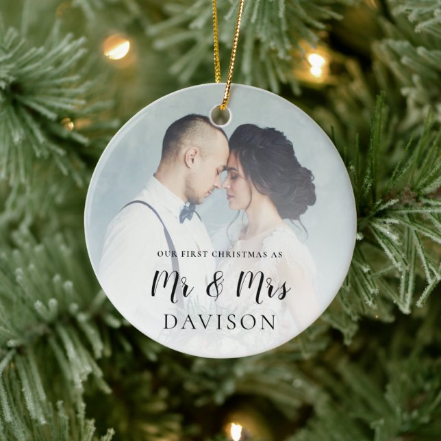 First Married Christmas Photo Overlay Ceramic Ornament (Tree)