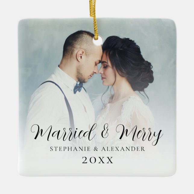 First Married Christmas Photo Overlay Square Ceramic Ornament (Front)