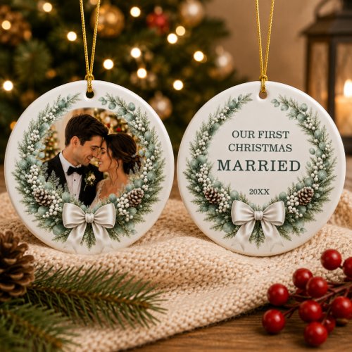 First Married Christmas Photo Wreath Bow Ceramic Ornament