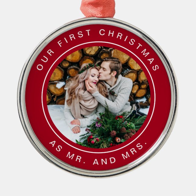 First Married Christmas | Red and White with Photo Metal Ornament (Front)