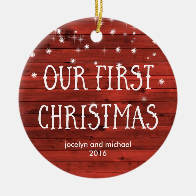 First Married Christmas | Rustic Red with Photo Ceramic Ornament (Front)