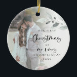 First Married Christmas Script Photo Name Year Ceramic Ornament<br><div class="desc">First Married Christmas Script Photo Name Year. A romantic keepsake to celebrate the special time of your first Christmas as Mr and Mrs and memento in holidays to come. Typography for Christmas and Mr and Mrs is in a set modern script and the rest of the text you can easily...</div>