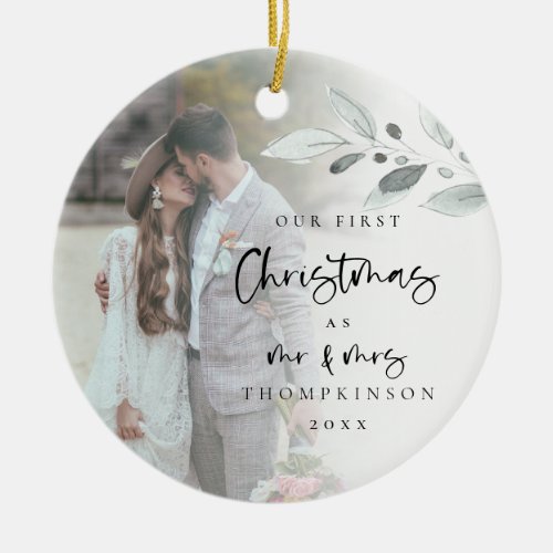 First Married Christmas Script Photo Name Year Ceramic Ornament