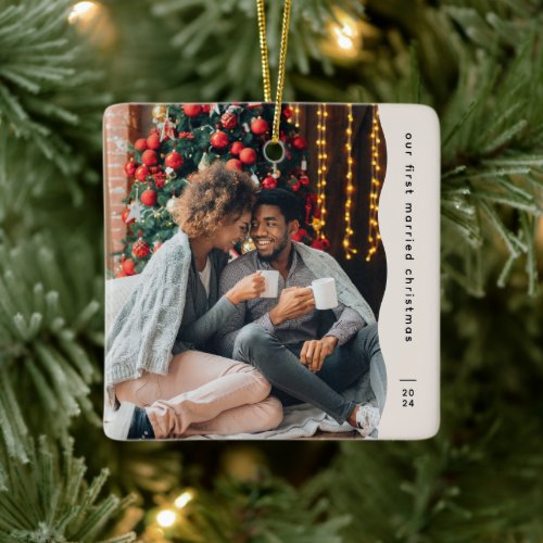 First married Christmas two photo simple  Ceramic Ornament