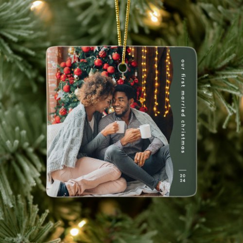 First married Christmas two photo simple green Ceramic Ornament