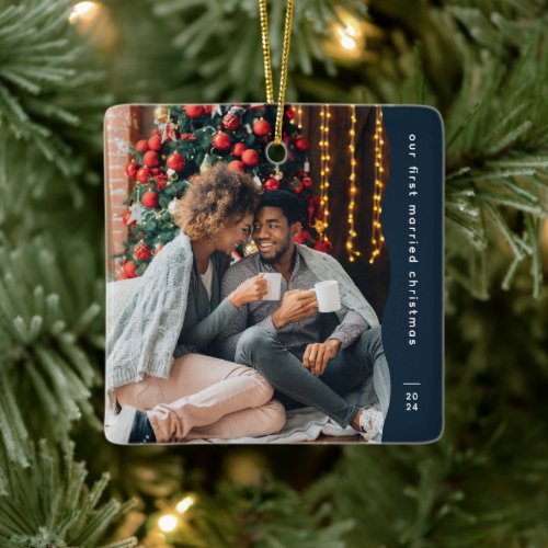 First married Christmas two photo simple navy Ceramic Ornament