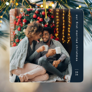 First married Christmas two photo simple navy Ceramic Ornament