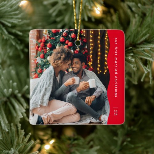 First married Christmas two photo simple red Ceramic Ornament