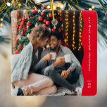 First married Christmas two photo simple red Ceramic Ornament<br><div class="desc">This simple modern Christmas ornament features a trendy wavy red edge along with a large photo and room for custom text and the year. Designed for a newlywed ornament celebrating a first Christmas together, this ornament features one large photo on the front and a second on the back with two...</div>