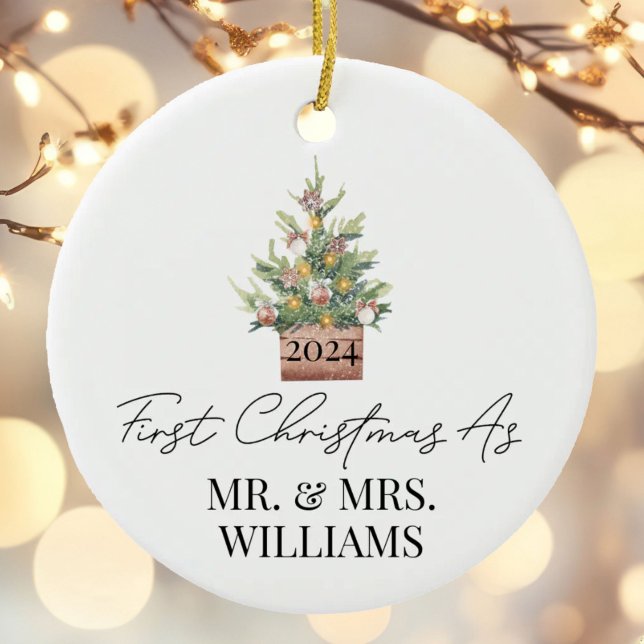 First Married Christmas Watercolor Christmas Tree Ceramic Ornament (Creator Uploaded)