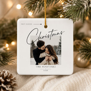First Married Christmas Winter Script Photo  Ceramic Ornament