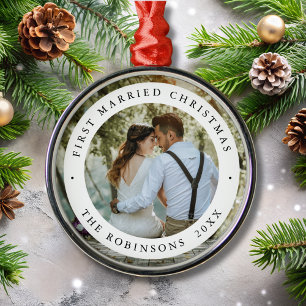 First Married Christmas with Custom Photo Metal Ornament
