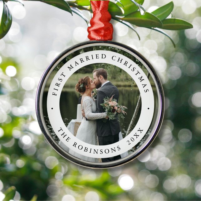First Married Christmas with Custom Photo Metal Ornament (Creator Uploaded)