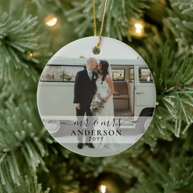 First Married Mr and Mrs Wedding Photo Christmas Ceramic Ornament (Tree)