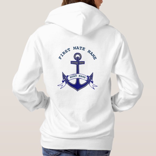  First Mate Anchor Custom Nautical Blue White Hoodie (Back)