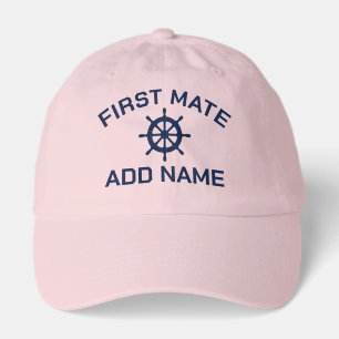 First Mate pink boating hat with ship wheel logo