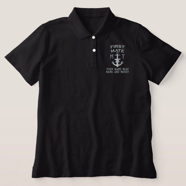 First Mate Silver Star Anchor Personalize Monogram Embroidered Polo Shirt (Design Front)