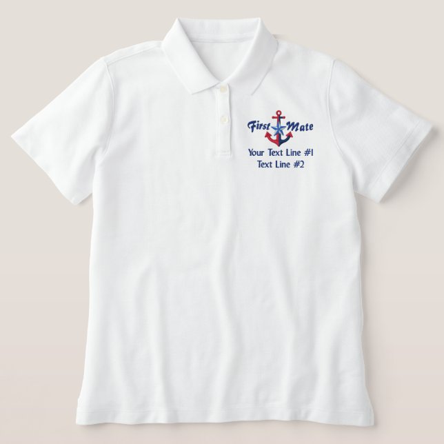 First Mate Star Nautical Your Text Embroidered Polo Shirt (Design Front)