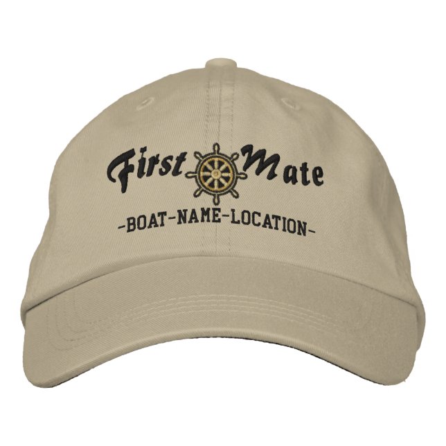 FIRST MATE Wheel Customizable Boat Name Your Name Embroidered Baseball Cap (Front)