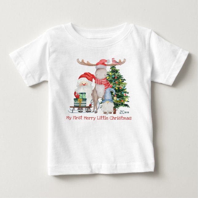 First Merry Little Christmas Cute Santa and Helper Baby T-Shirt (Front)