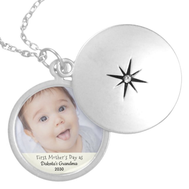 First Mother Day Grandma Grandbaby Name Year Photo Locket Necklace (Front)