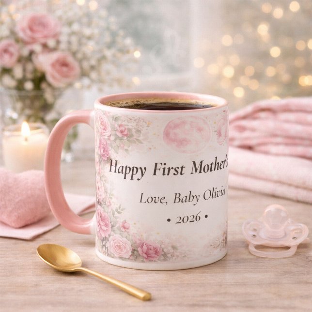 First Mother’s Day Personalized Floral Rose Pink Mug (Creator Uploaded)