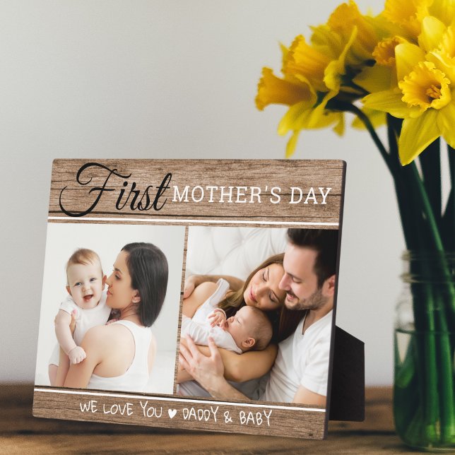 First Mother's Day 2 Photo Collage  Rustic Wood Plaque (Creator Uploaded)