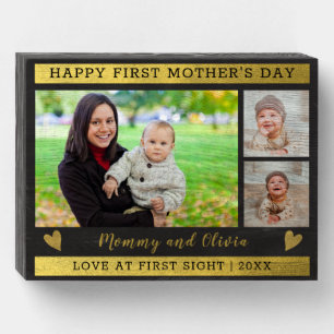 First Mother's Day 3 Photo Collage Black And Gold Wooden Box Sign