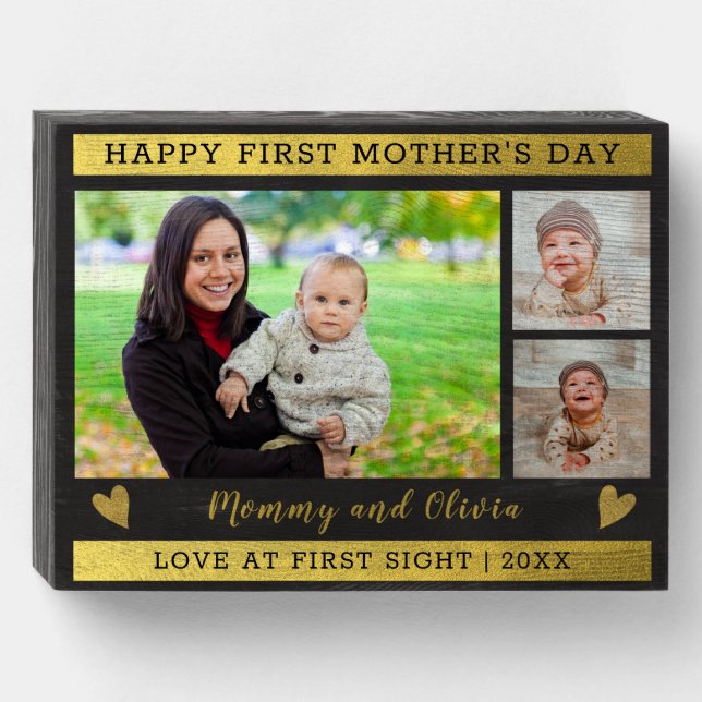 First Mother's Day 3 Photo Collage Black And Gold Wooden Box Sign (Front Horizontal)
