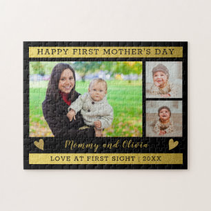 First Mothers Day 3 Photo Collage Black Gold Jigsaw Puzzle