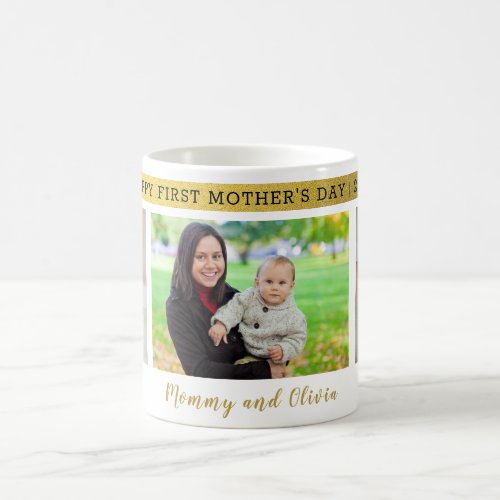 First Mothers Day 3 Photo Collage Gold Coffee Mug