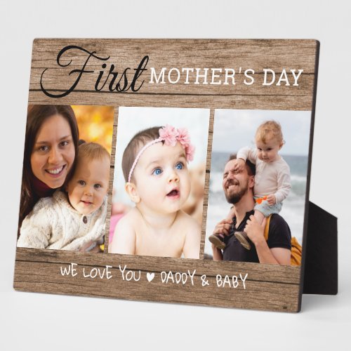 First Mothers Day 3 Photo Collage  Rustic Wood Plaque