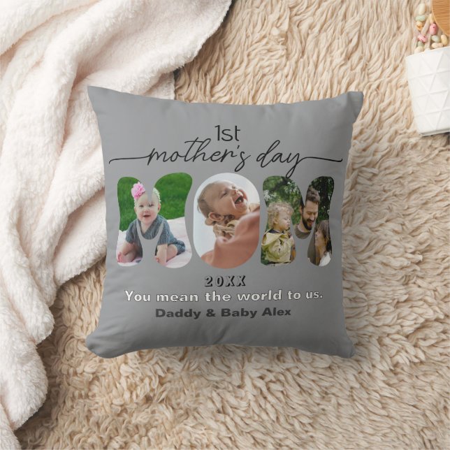 First Mother's Day 3 Photos Collage Mom cut out Throw Pillow (Blanket)