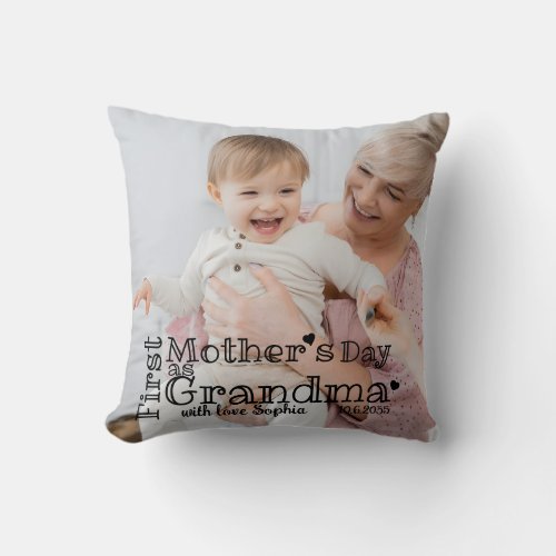 First Mothers Day as Grandma custom photo text    Throw Pillow