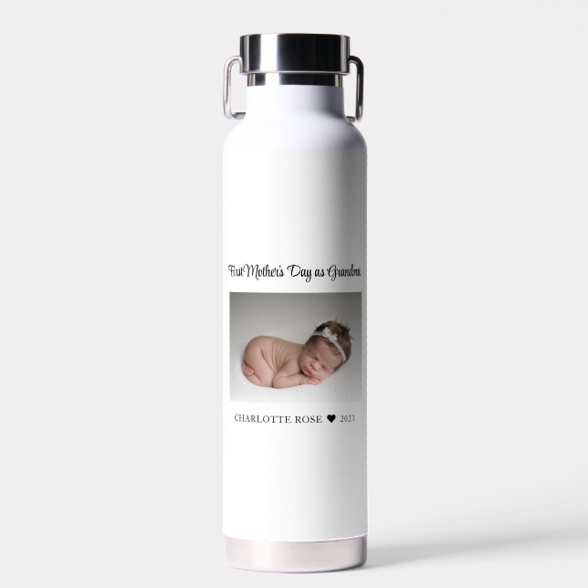 First Mothers Day as Grandma New Baby Photo Water Bottle (Front)