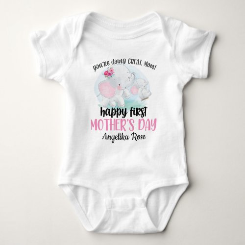 First  Mothers Day Baby Bodysuit with Elephants