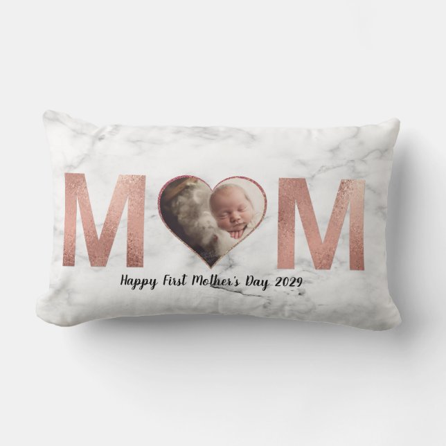 First Mother's Day Baby Photo Rose Gold Heart Lumbar Pillow (Front)
