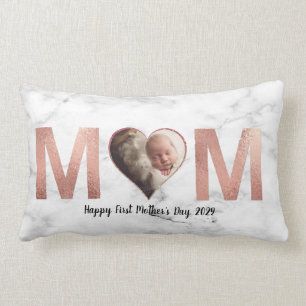 First Mother's Day Baby Photo Rose Gold Heart Lumbar Pillow