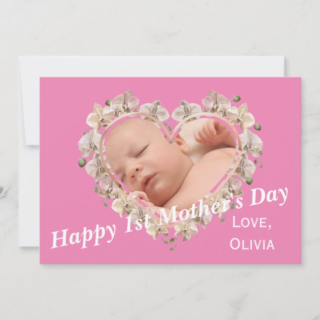 First Mothers Day Baby Photo SVG Heart Floral Card (Front)