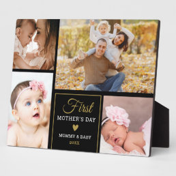First Mother&#39;s Day Black And Gold 4 photo Collage Plaque