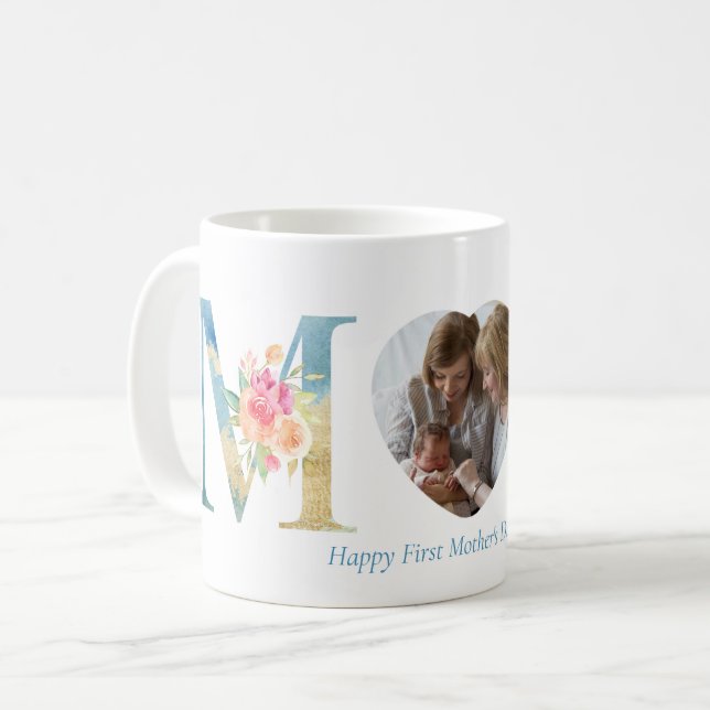 First Mother's Day Blue Gold Floral Letters Photo Coffee Mug (Front Left)