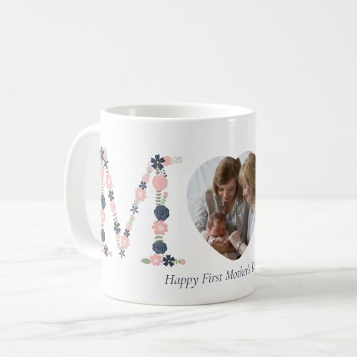 First Mothers Day Blush Pink Navy Floral Letters Coffee Mug