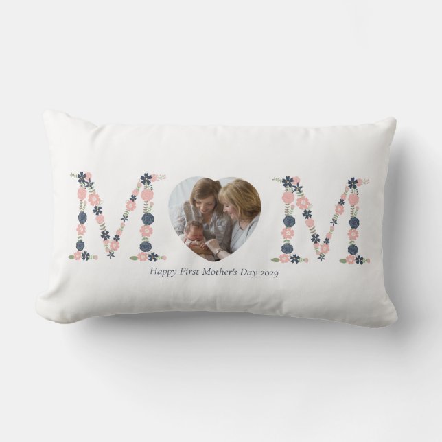 First Mother's Day Blush Pink Navy Floral Letters Lumbar Pillow (Front)