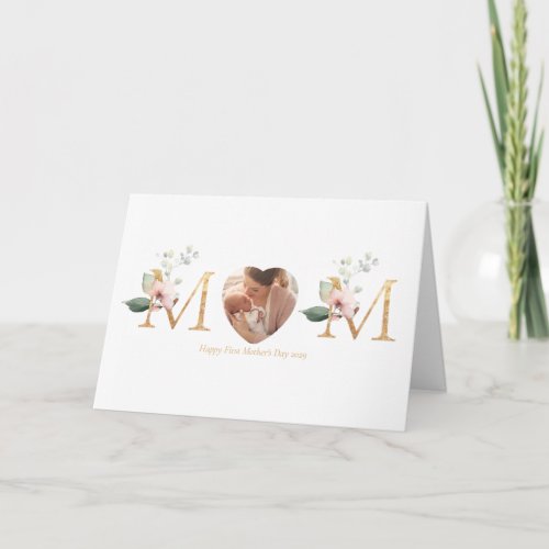 First Mothers Day Botanical Gold Letters Photo Card