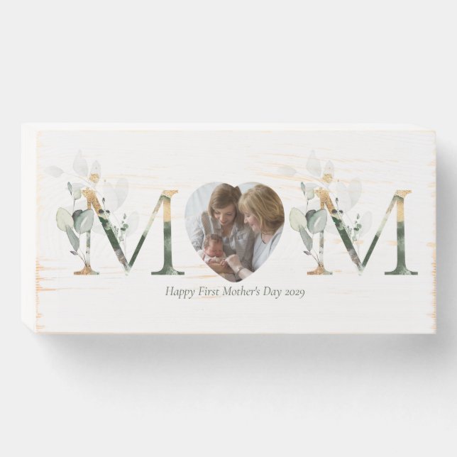 First Mother's Day Botanical Letters Photo Wooden Box Sign (Front Horizontal)
