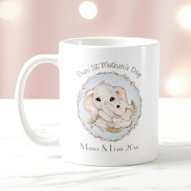 First Mother's Day Boy Blue Elephant Personalized Coffee Mug (First Mother's Day Boy Blue Elephant Personalized Coffee Mug)