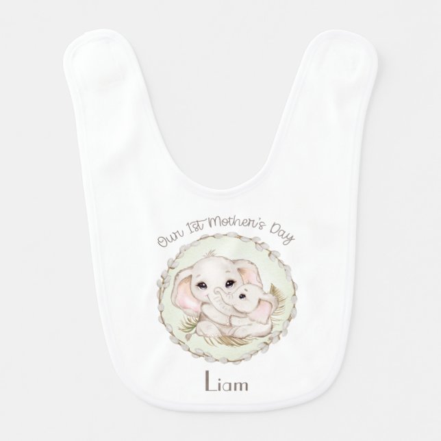 First Mother's Day Boy Elephant Personalized Baby  Bib (Front)