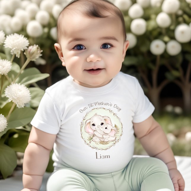 First Mother's Day Boy Elephant Personalized Name Baby T-Shirt (First Mother's Day Boy Elephant Personalized Name Baby T-Shirt)